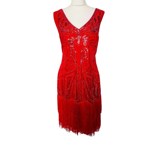 Babeyond Red Allover Sparkly Sequin Lace Fringe Costume Gatsby Flapper Dress XL - Picture 1 of 10
